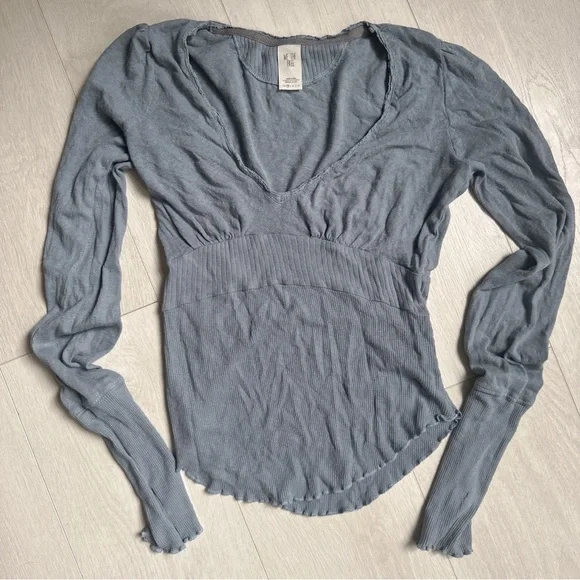 Free People We The Free Blue Cotton Linen Blend V-Neck Empire Waist Top XS - Picture 4 of 16